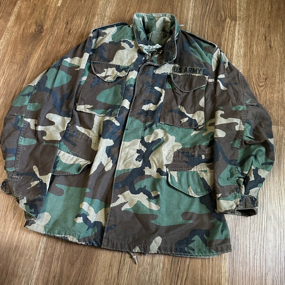 US Army M-65 Field Jacket Mens Small Long Camo Good Woodland Vintage 1983 M65